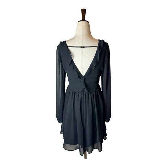 Express Black Ruffle V Neck Long Sheer Sleeve Fit And Flare Mini Dress Size 2 - Picture 2 of 11